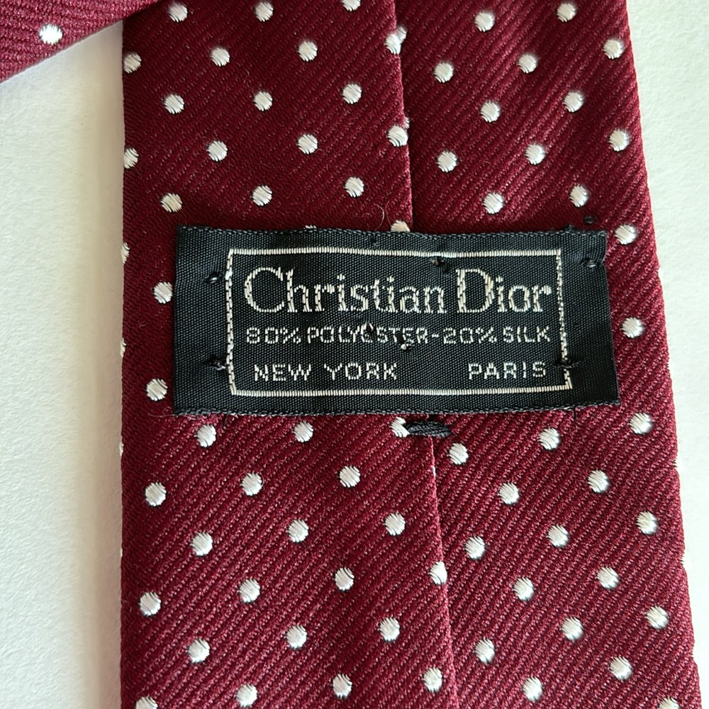 Vintage Christian Dior Men’s Neck Tie Maroon Burgundy White Dots Silk Blend - Picture 8 of 13